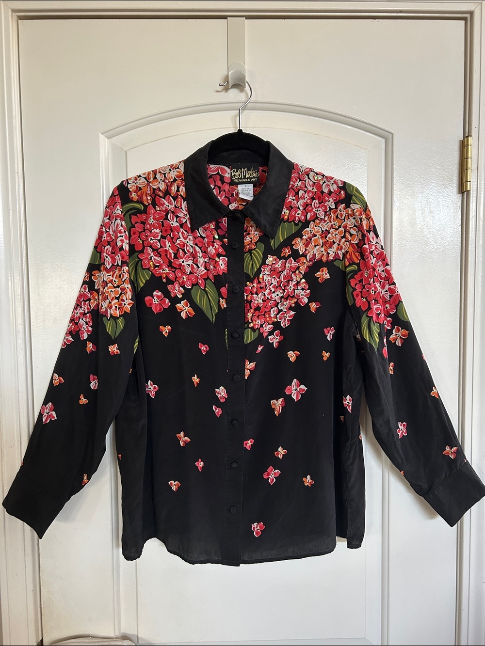 Bob Mackie Black Button-Up Shirt with Pink & Green Floral
